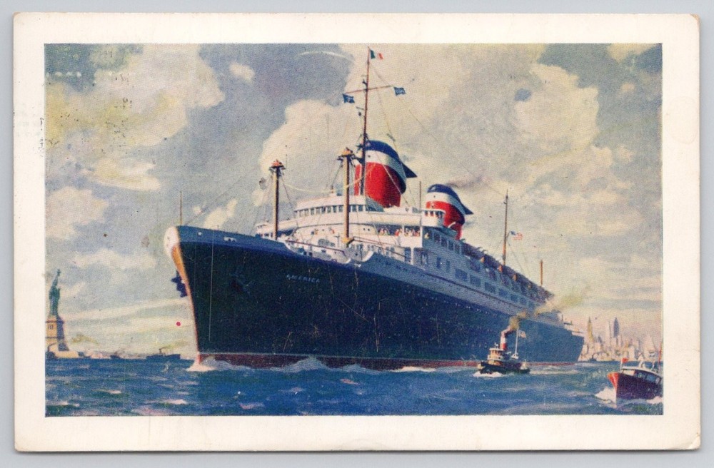 S.S. America Luxury Liner Postcard, Statue of Liberty, NYC, 1954 Posted