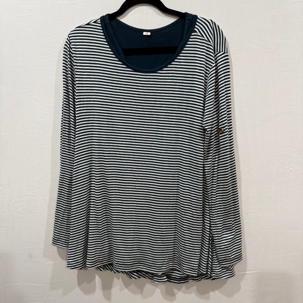 SIMPLY NOELLE Striped Long Sleeve Tunic Top Size S M Navy White Roll Tab Sleeve