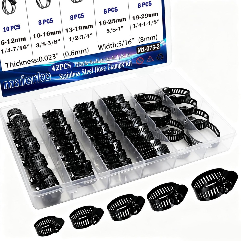 42PCS Black Stainless Steel Hose Clamps Assortment Kit,Metal Adjustable 1/4''–