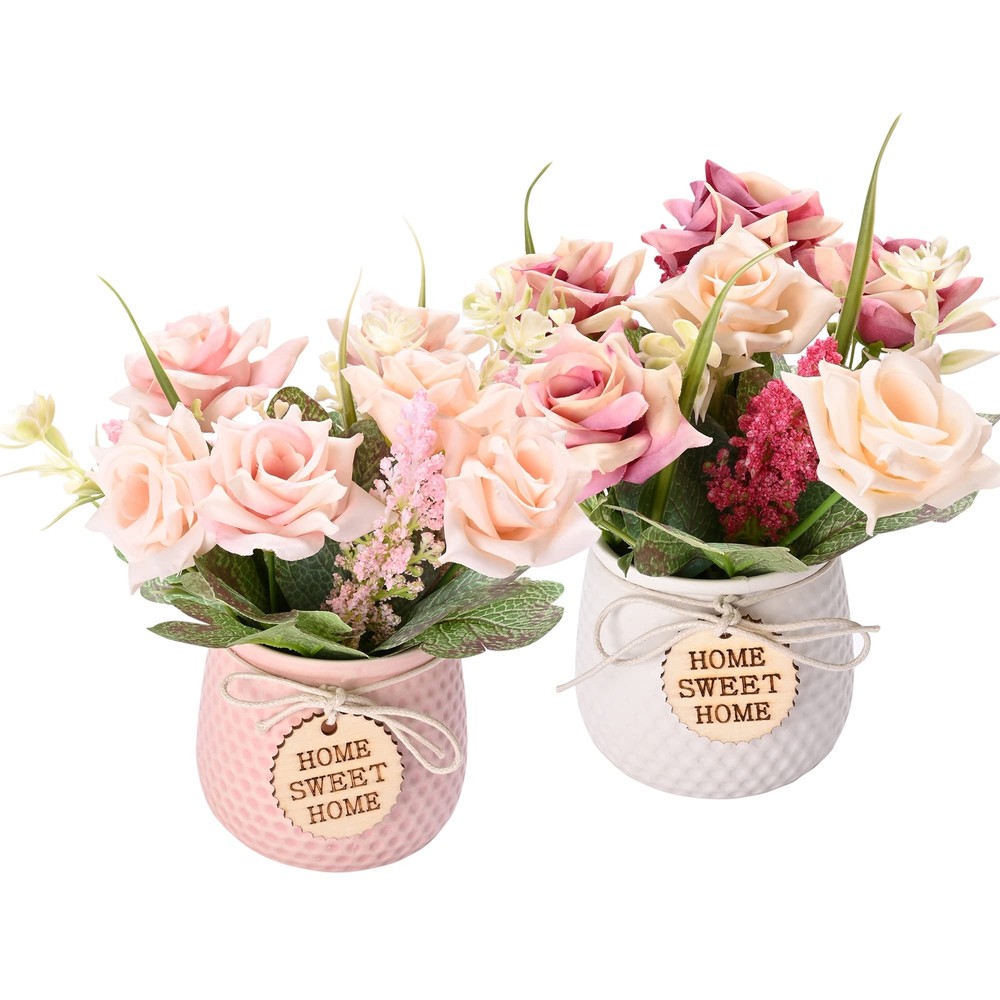 2pcs Pink Silk Roses in Vase Artificial Flowers for Home Decor