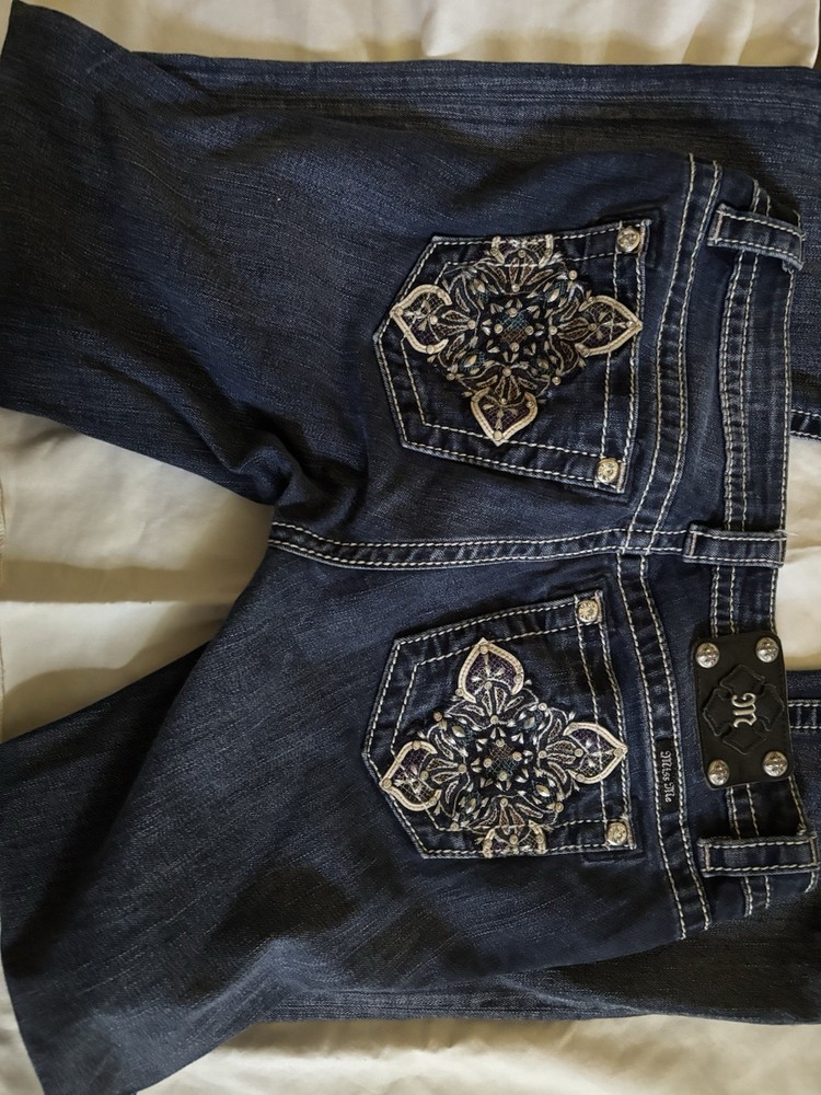 Miss Me Metallic Embroidered Embellished Pocket Boot Leg Denim Jean