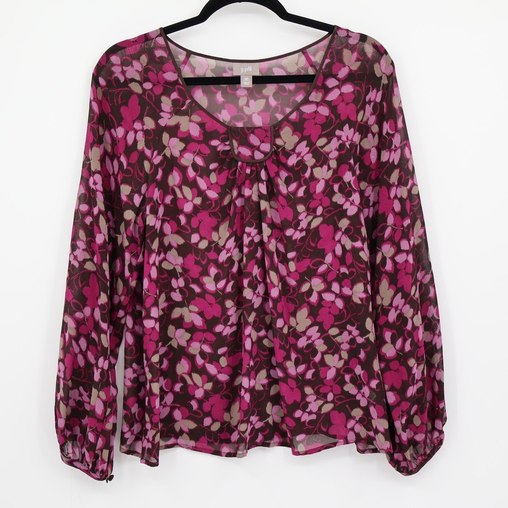 J Jill Silk Floral Peasant Top Womens MP Pink Brown Long Sleeve Bloomcore Boho