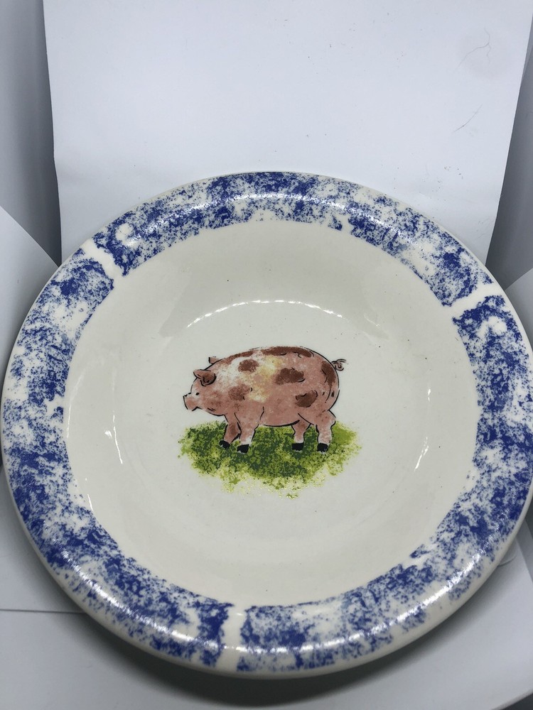 Tabletops Unlimited COUNTRY BARN Pink Pig Sponge Blue Border 8-1/4