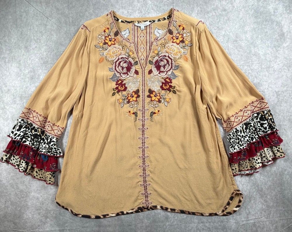 John Mark L Embroidered Boho Tunic Top Tiered Ruffle Bell Sleeves Animal Trim