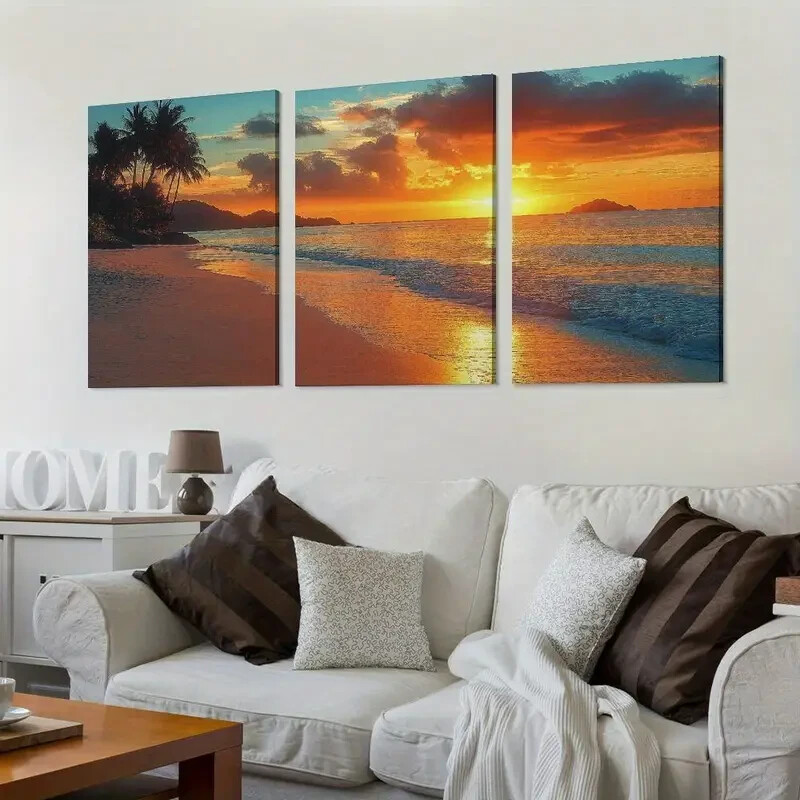 3pcs Coastal Palm Tree Sunset Wall Art Canvas Unframed or Framed Beach Decor
