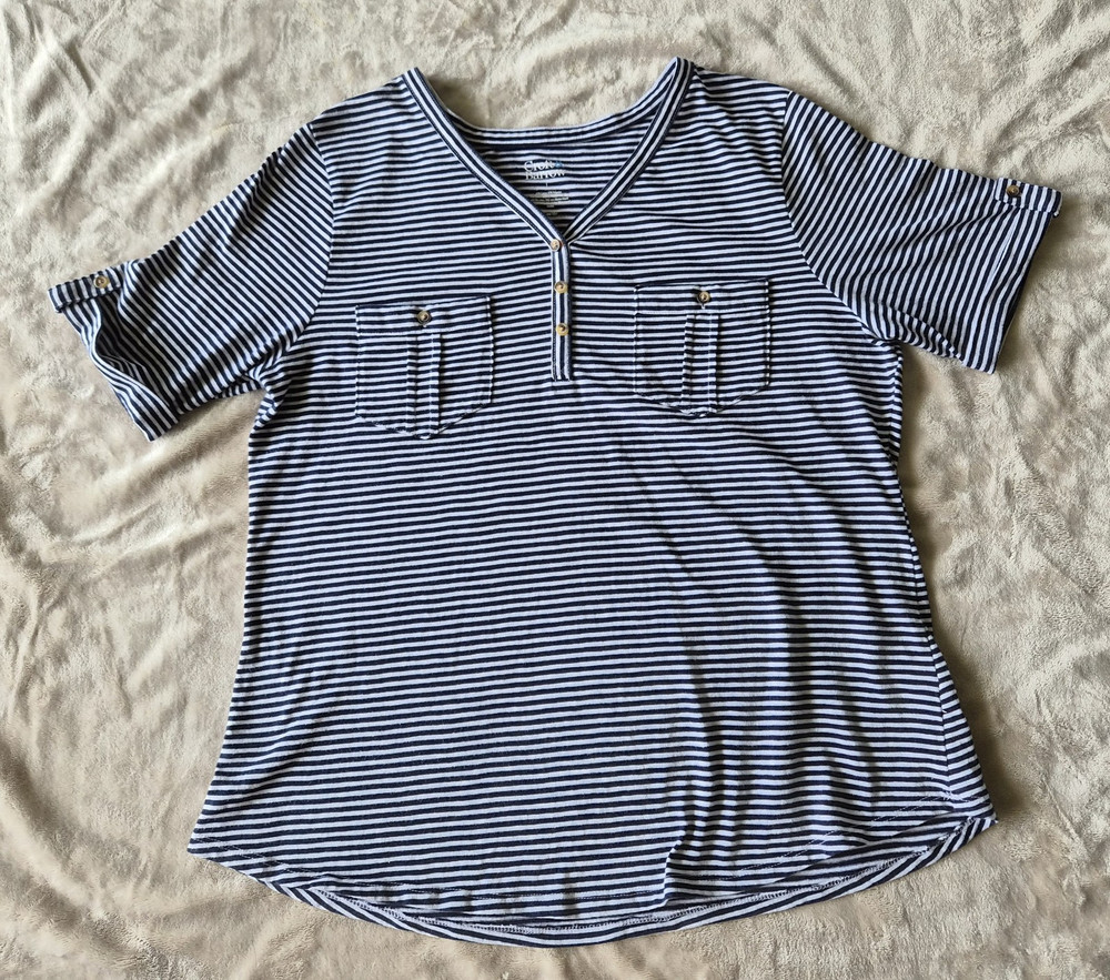 Croft & Barrow Striped Henley Top Women Large Navy White Nautical Coastal Casual