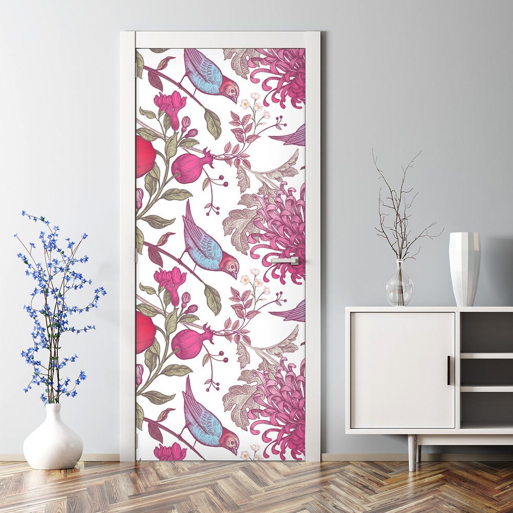 Door sticker decal Flowers Floral pomegranates birds Soft for nurseries Nature