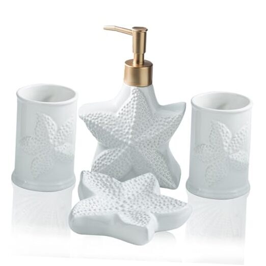 Bathroom Accessories Set, 4 Pcs Beach Ensemble Sets Ceramic Bathroom Starfish