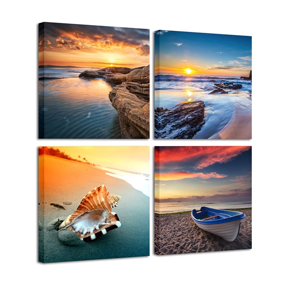 Sunset Sea Beach Modern Seascape Pictures Paintings on Canvas Wall Art 4 Pane...