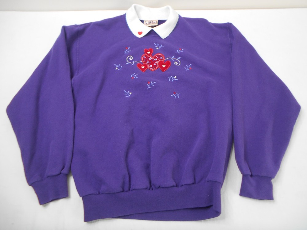 Vintage 90s Top Stitch Sweatshirt Womens M Purple Heart Collar Granny Valentine