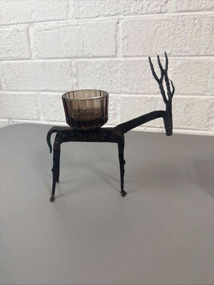 VTG MCM Brutalist Cast Iron Candle Holder Antelope Gazelle Deer Stag - 7” H