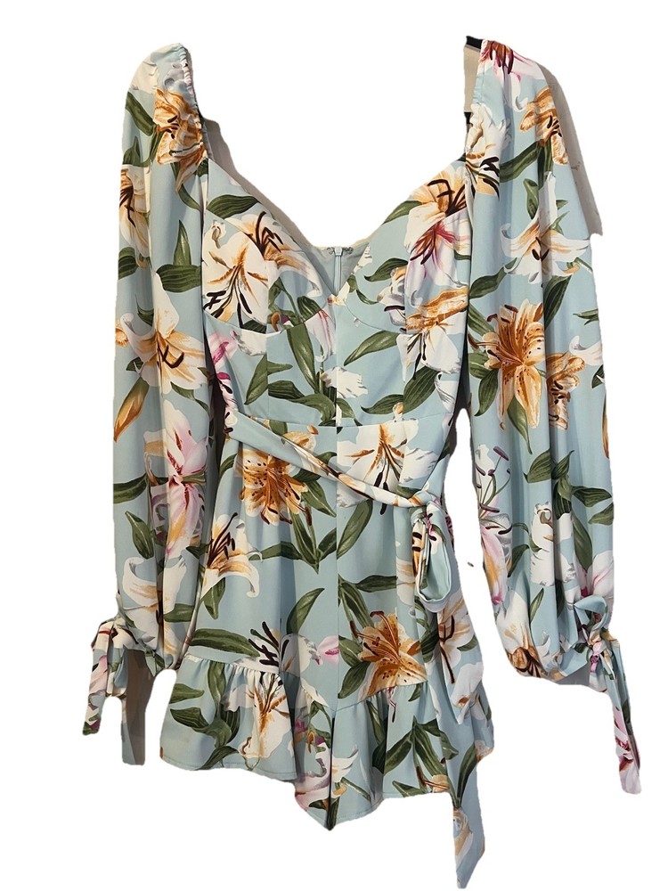 Floral Baby Blue Long Sleeve Romper – Off-Shoulder, Sweetheart Neckline, Small