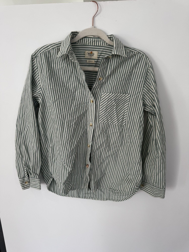 Marine Layer Jane Relaxed Shirt Women’s XS green Stripe Button Front Cotton EUC