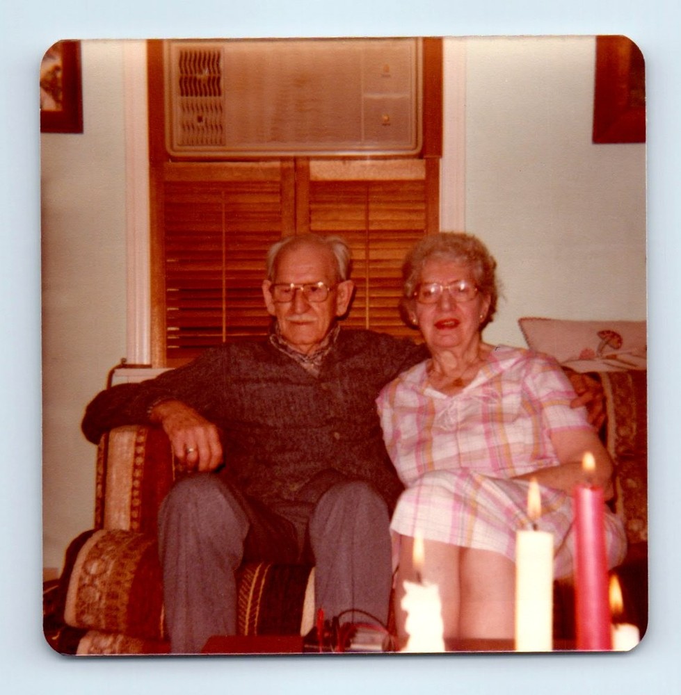 Old Vintage Square Color Photo OLDER ELDERLY MAN WOMAN COUPLE ON COUCH SOFA