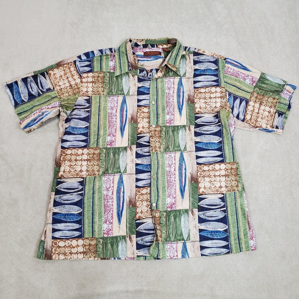 Tori Richard Shirt Mens XXL 2XL Green Blue Hawaiian Button Up Short Sleeve USA
