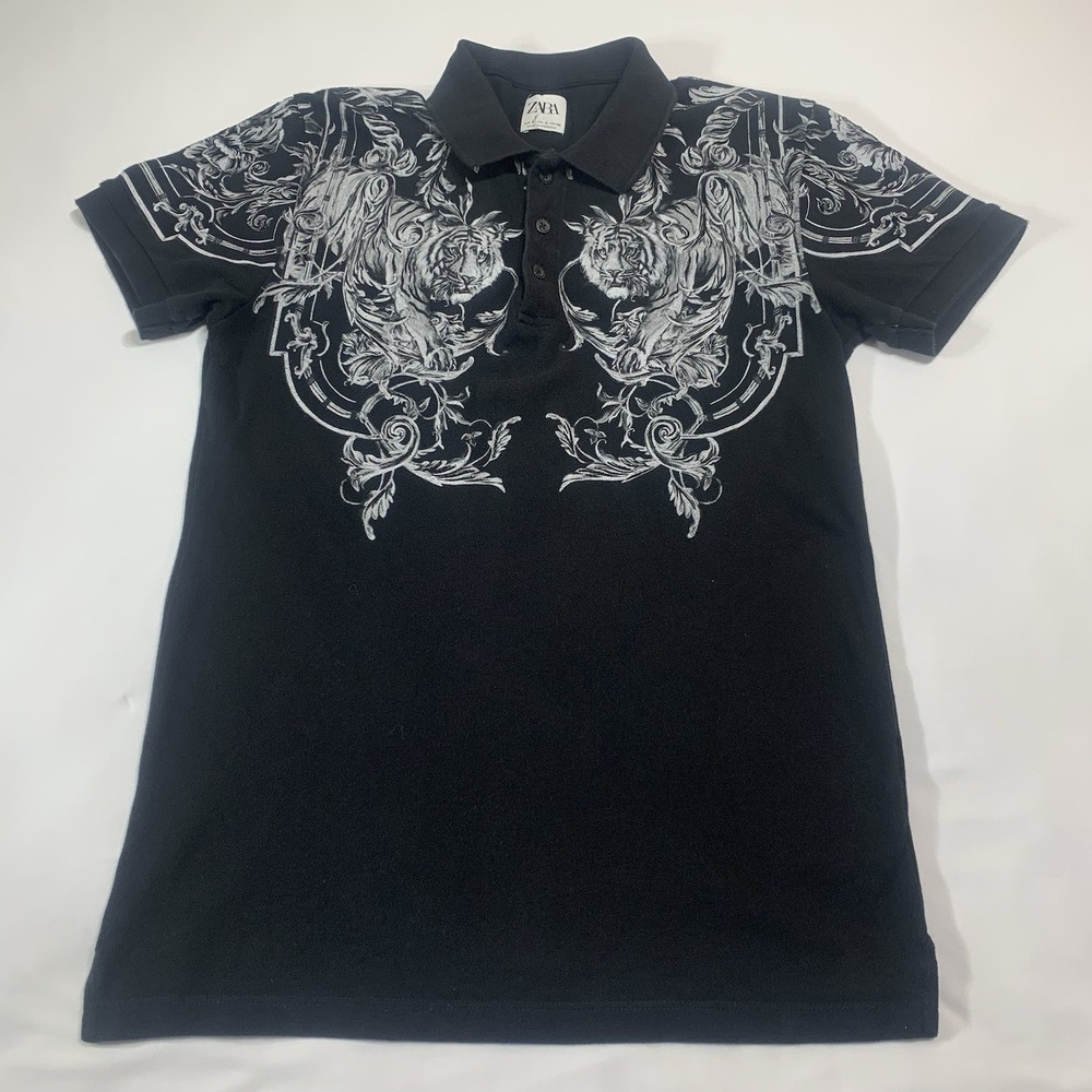 Zara Women’s Black Tiger Graphic Polo Shirt Size S Short Sleeve Casual Top