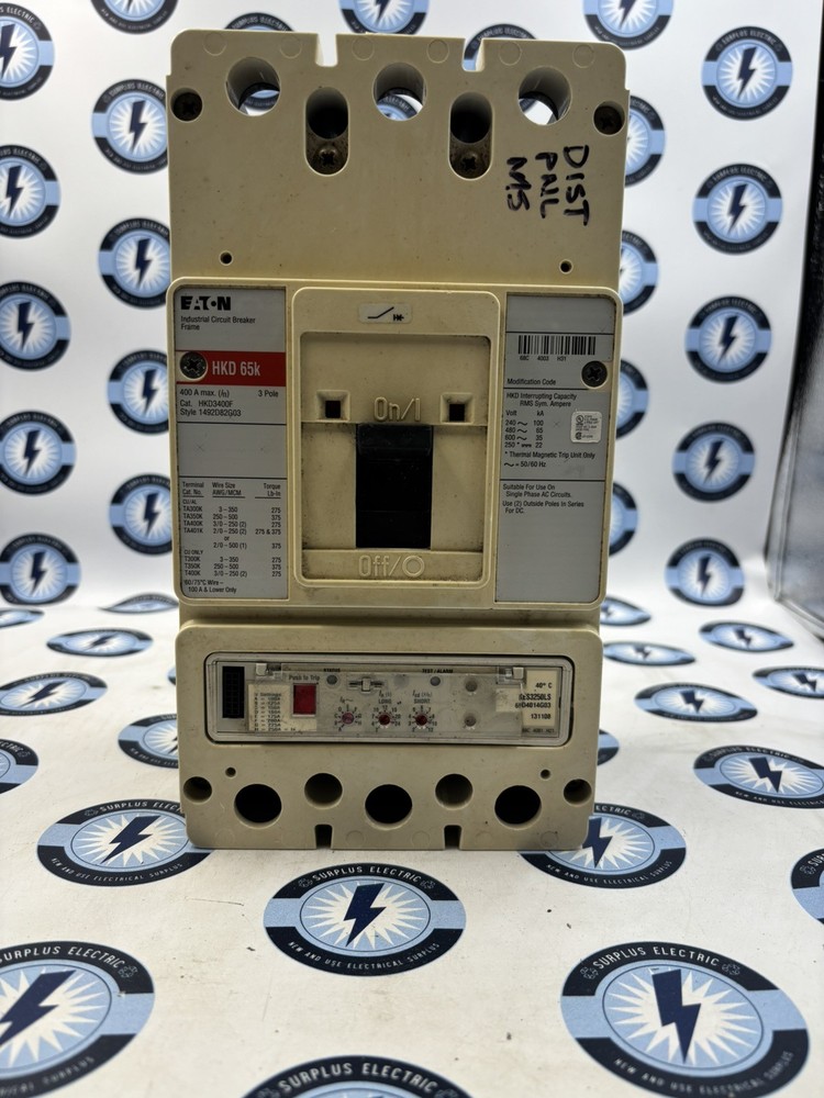 Eaton HKD3400F 65K 600V 400A Circuit Breaker with KES3250LS Trip