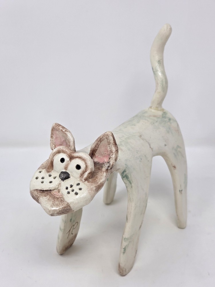 Vintage Folk Art Ceramic Dog Figurine Signed TP Handmade Studio Pottery