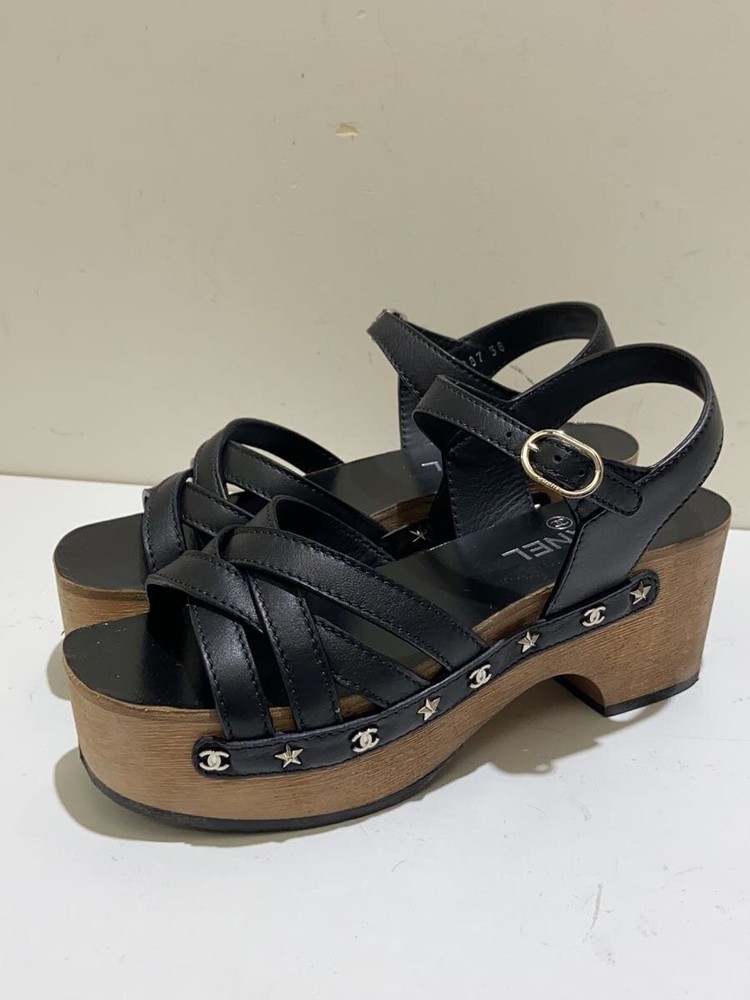 Authentic CHANEL Platform Sandal Strap Wood Heel EU 38.0 Black Leather Used