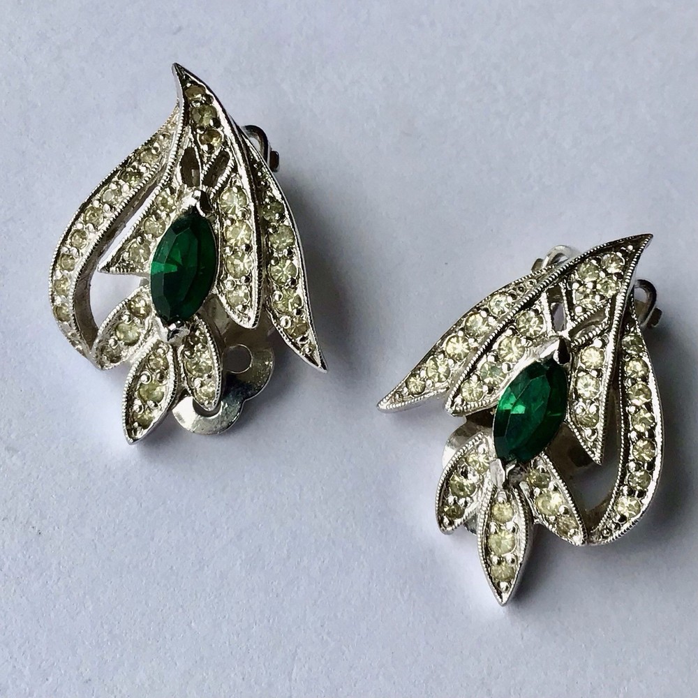 Vintage Polcini Signed Green And Clear Rhinestone Clip On Earrings