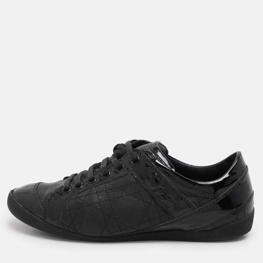 Dior Black Leather Low Top Sneakers with Patent Accents Size 36.5