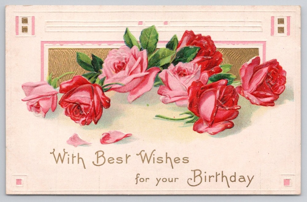 Vintage Embossed Birthday Postcard Roses Gold Highlights Divided Back c1910