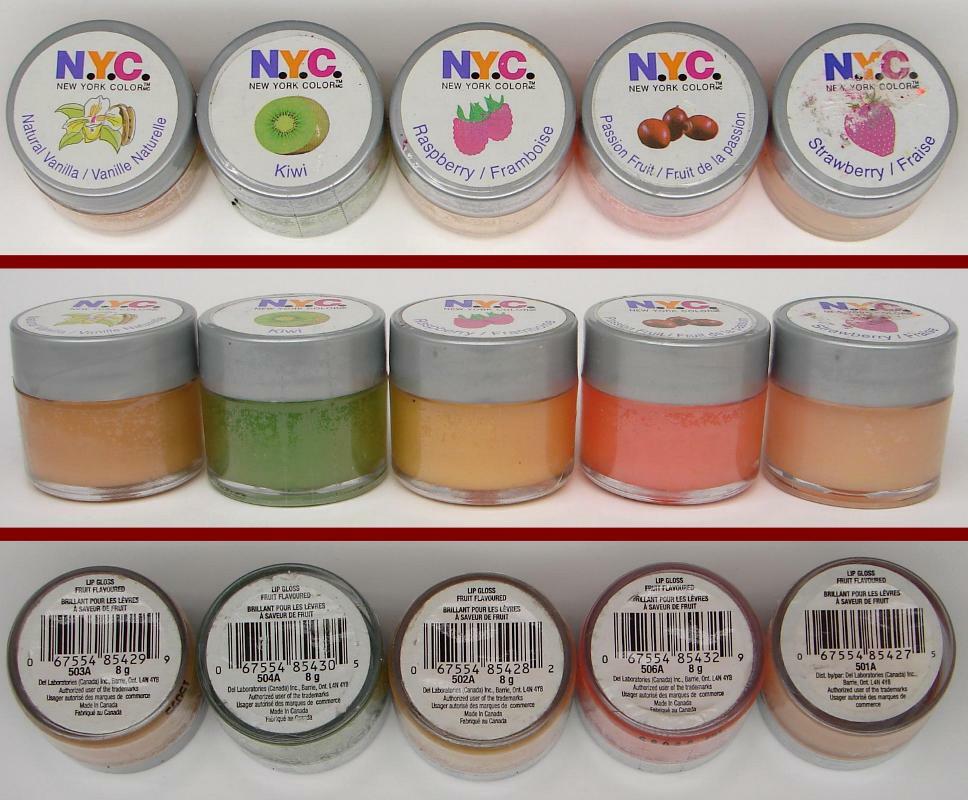 NEW Lot /5 FRUIT Flavors NYC LIP GLOSS Raspberry STRAWBERRY Vanilla KIWI Passion
