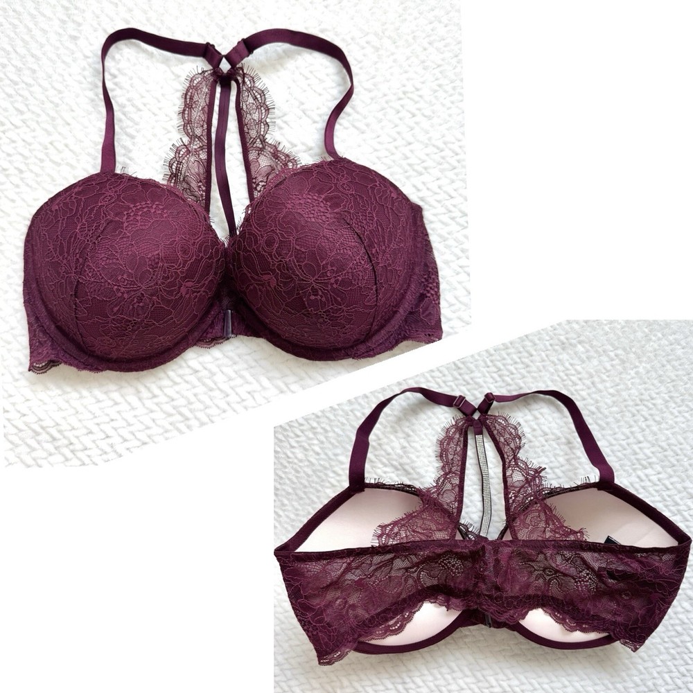 Victoria Secret Very Sexy Shine Strap Push Up Bra 38D Burgundy Lace Front Closure