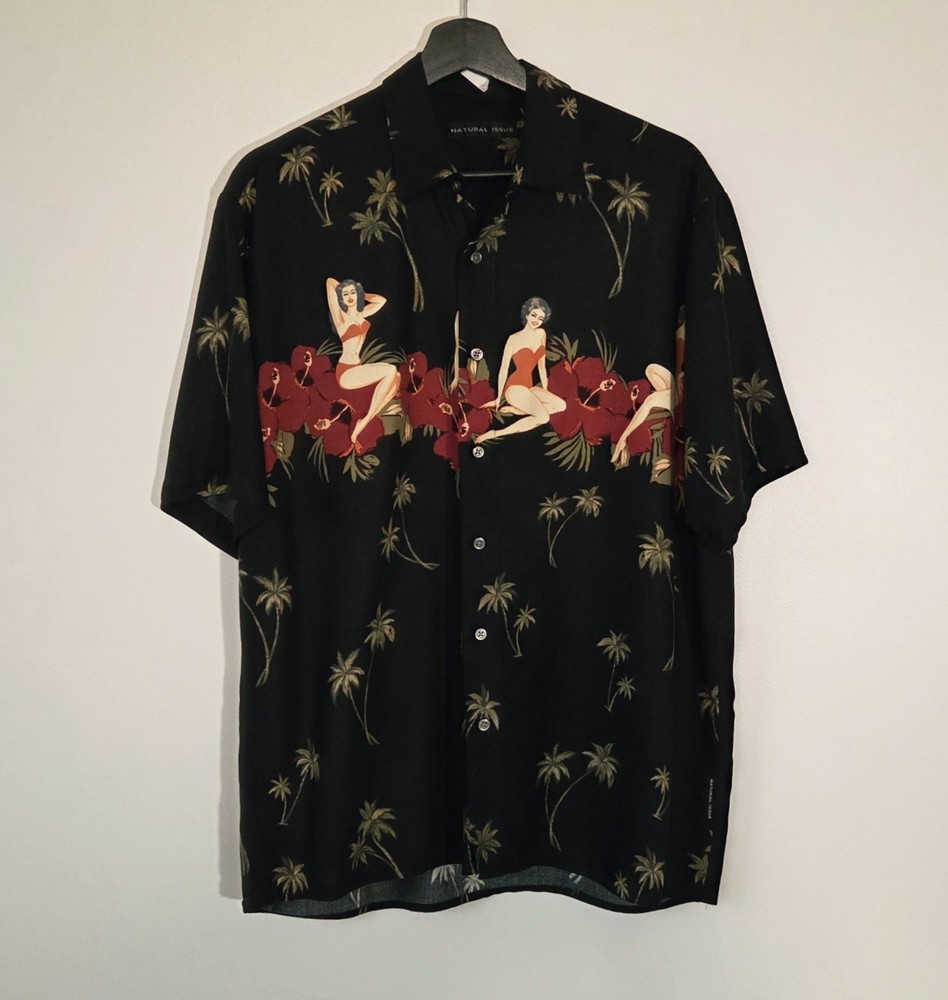 Vintage 90s Natural Issue Hawaiian Button Up Tropical Mens Shirt Size M Pin Up