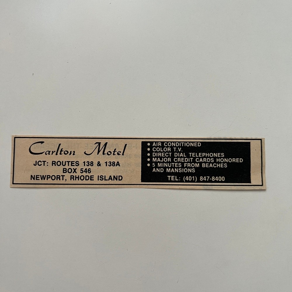 Carlton Motel Air Conditioned Color TV Box 546 Newport RI 1985 Ad SAJ3-M12