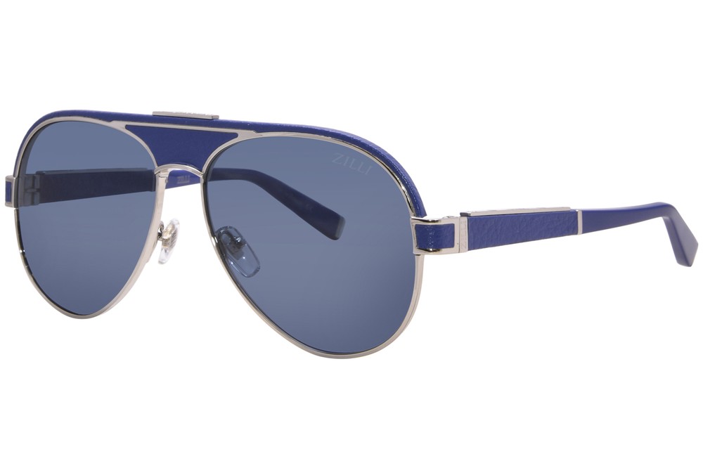 Zilli ZI65047 C08 Men's Pilot Sunglasses in Shiny Platinum with Blue Lenses, 60mm Frame