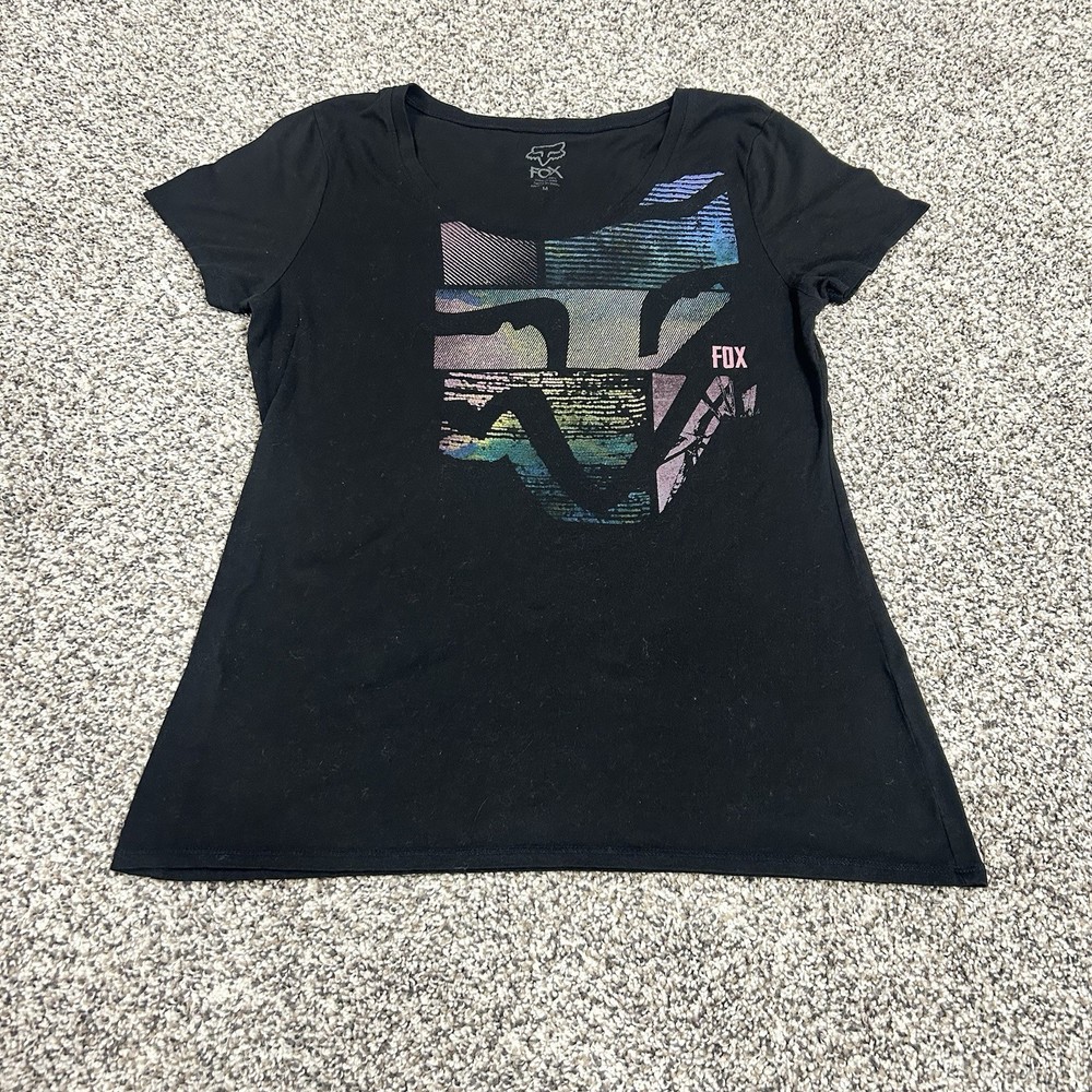 VTG Fox Racing Women's Red V-Neck Graphic T-Shirt Sz M Y2K Streetwear Grunge
