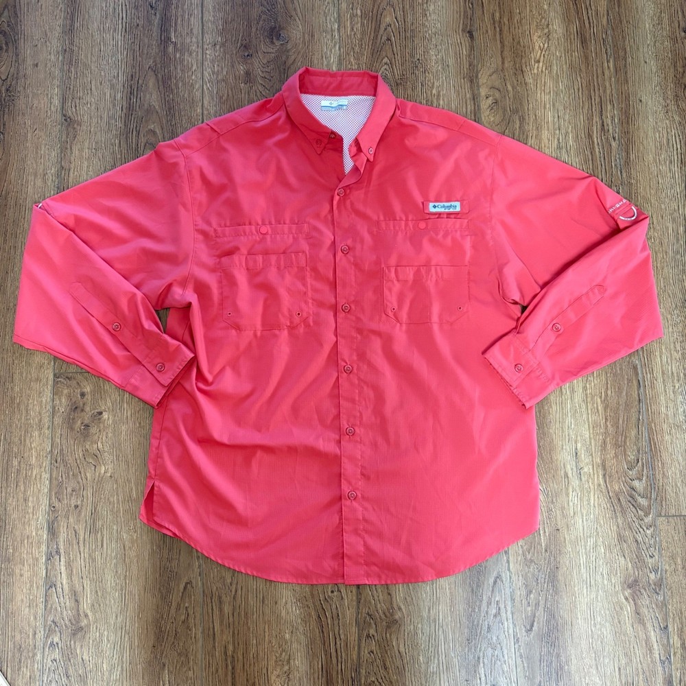 Columbia PFG Coral Red Omni-Shade Long Sleeve Fishing Shirt Mens L Utility