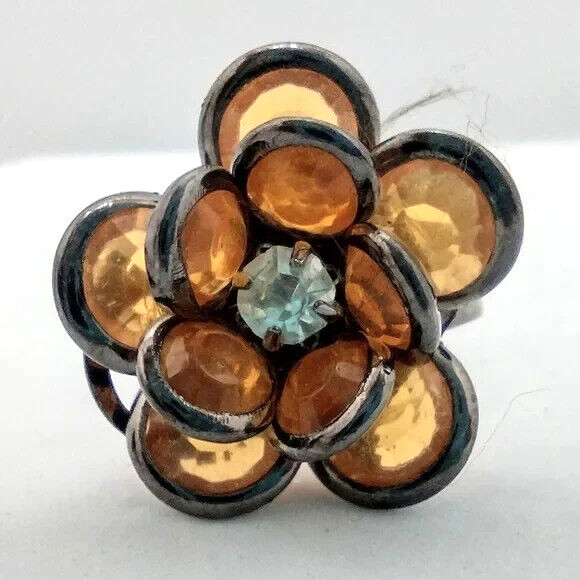 Adjustable Flower Statement Ring Amber Gold Tone Rhinestone Jewelry