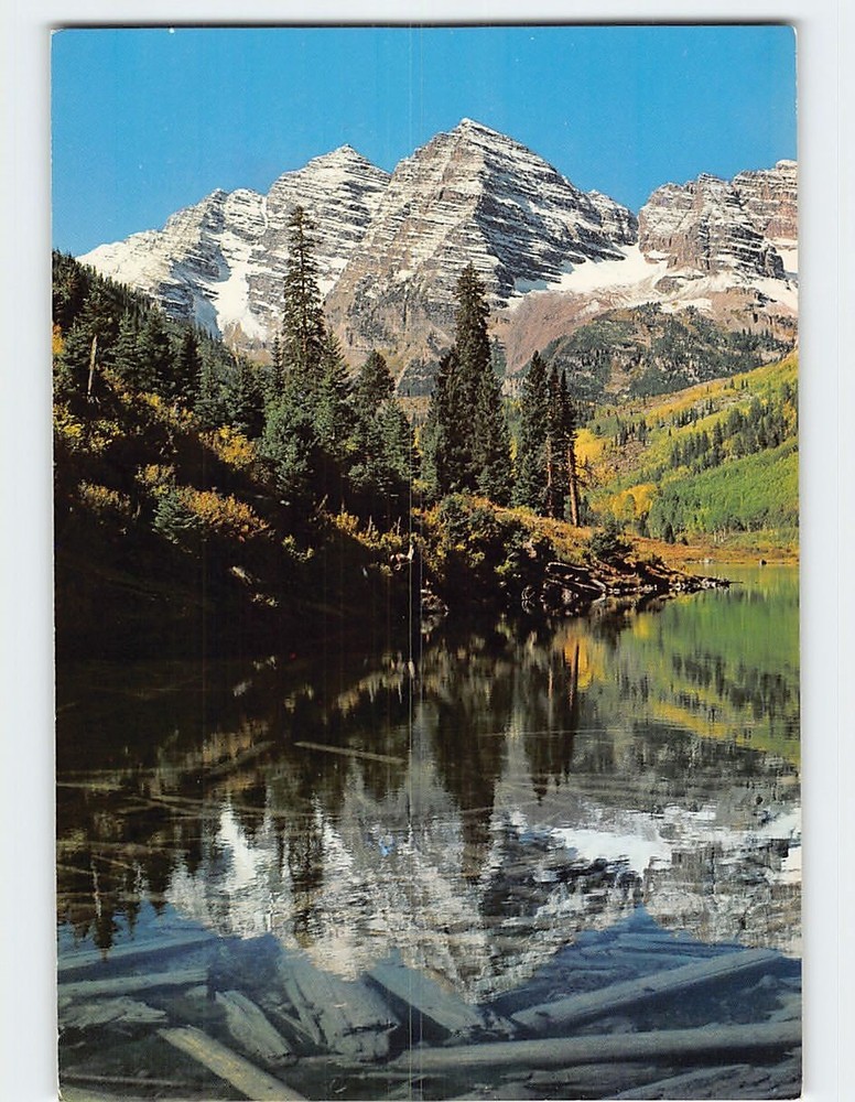 Postcard Maroon Bell peaks and Maroon Lake White River National Forest CO USA
