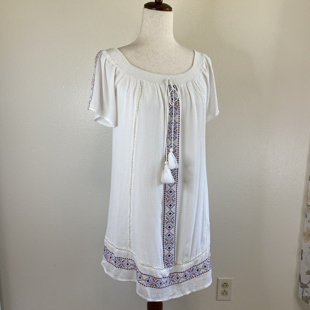 Boho Embroidered White Tunic Blouse or Mini Dress - Miami Style - Size Medium  