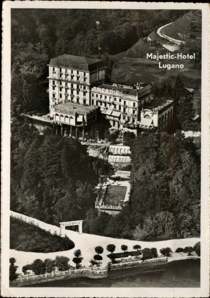 Switzerland Lugano Hotel Majestic aerial view pool ~ postcard sku469