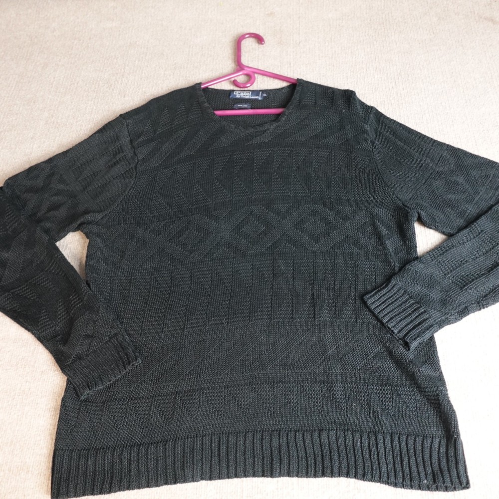 Vintage Polo Ralph Lauren Sweater XL Black Jacquard 100% Linen Open Knit