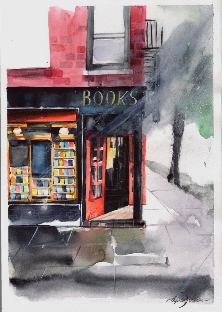 Original Watercolor Painting New York Bookshop Art Urban Wall Art