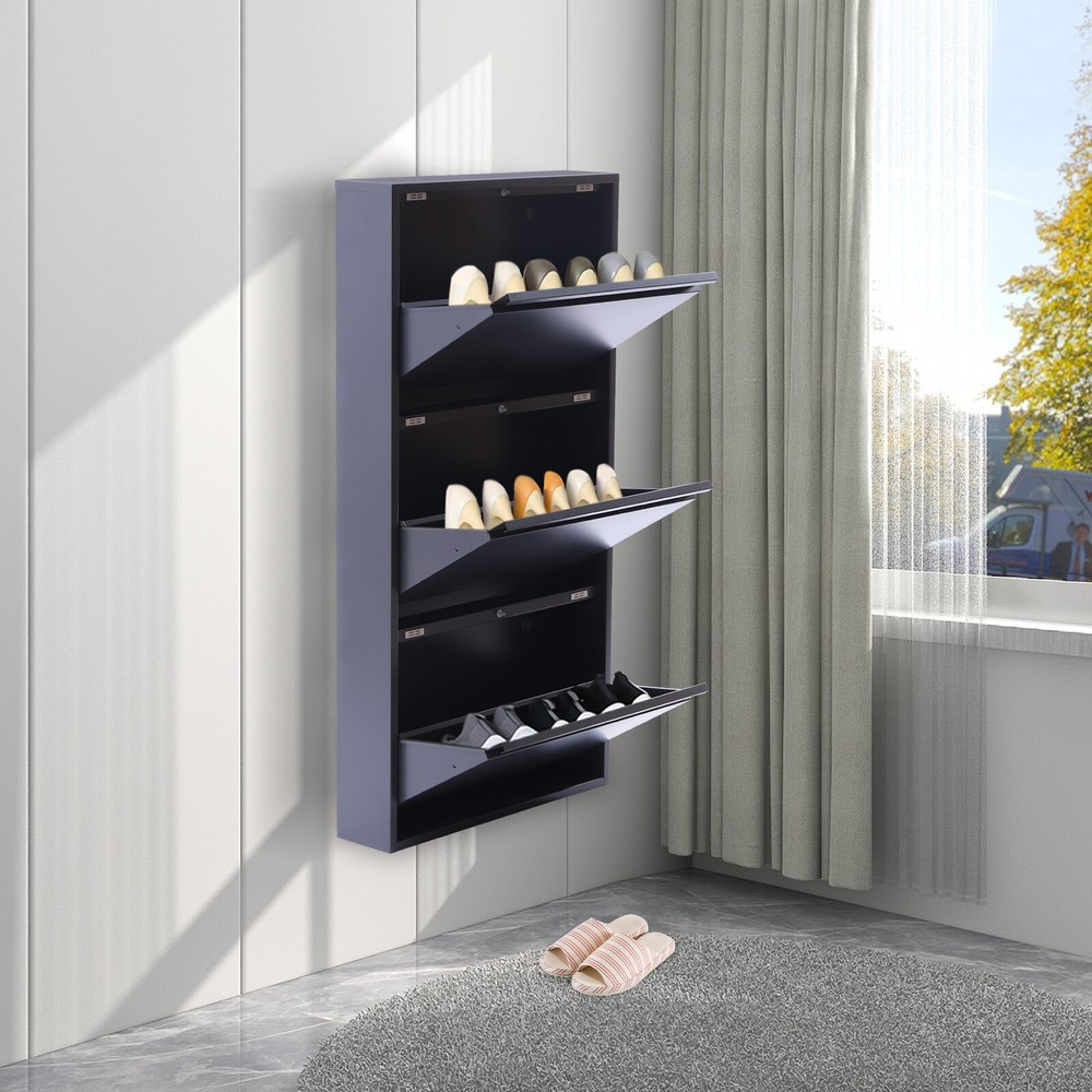 Wall Mounted 3-Drawer Metal Shoe Cabinet - No Assembly Needed