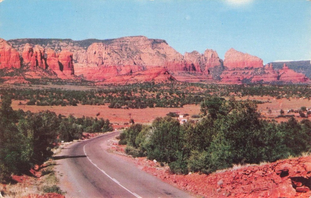 Road near Oak Creek Canyon's Famous Red Rock Mountains - Arizona AZ - Postcard