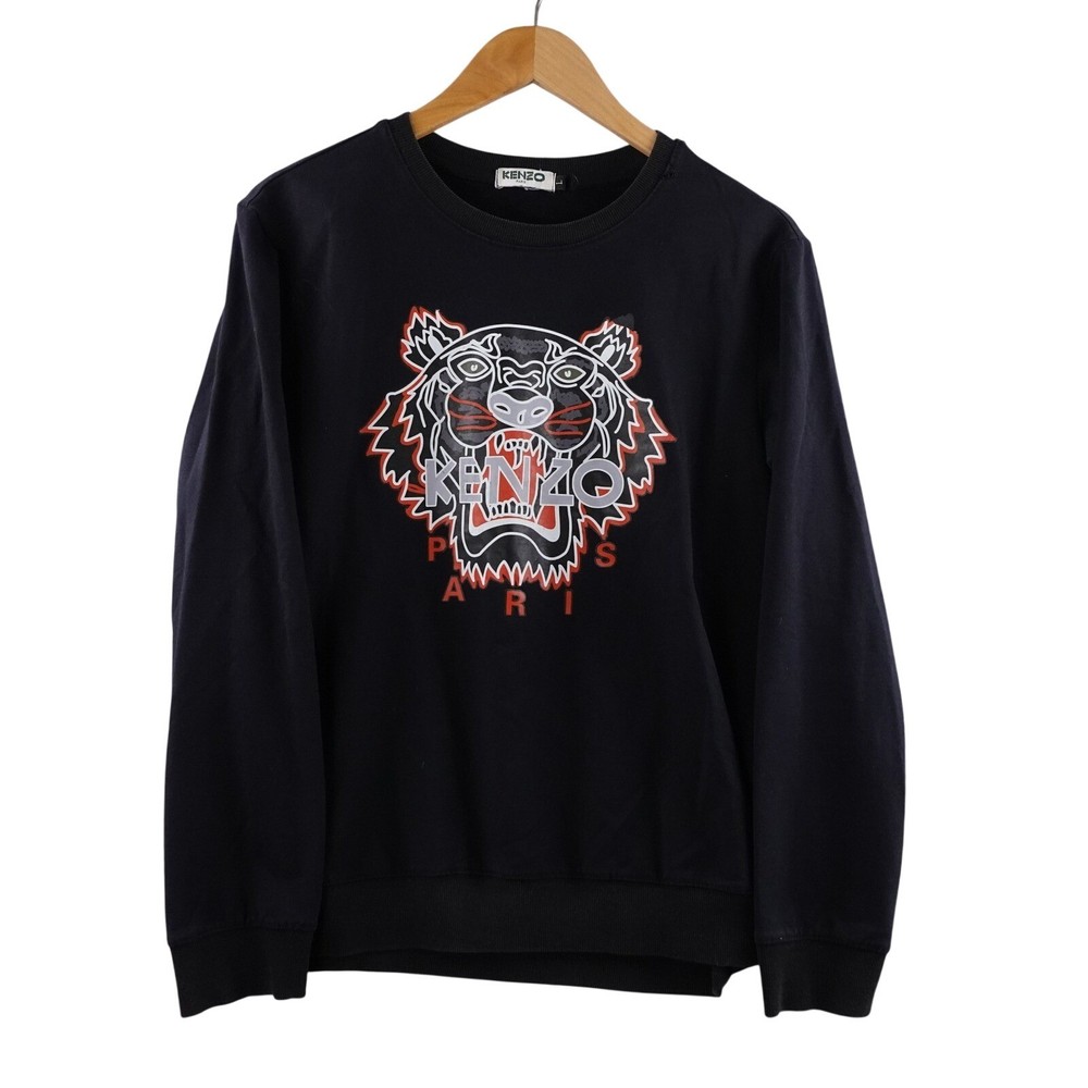 Kenzo Paris Tiger Logo Sweatshirt Black Crew Neck Long Sleeve Pullover Women's L