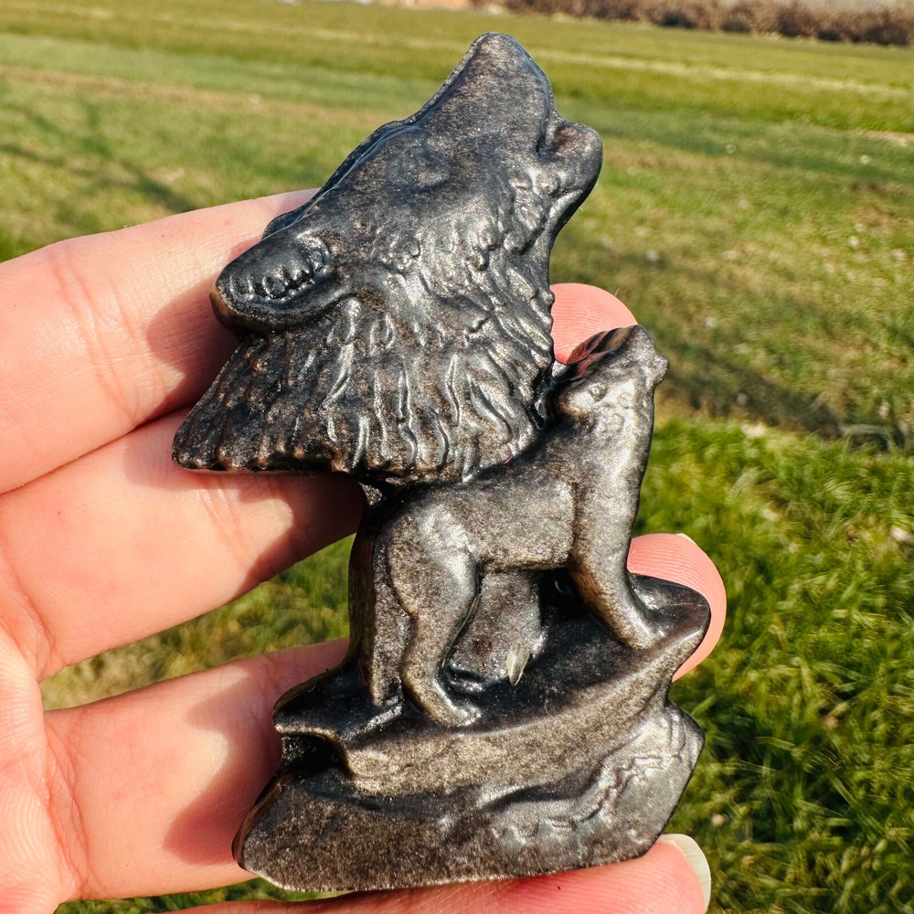 Natural Hand Carved silver Obsidian Wolf Skull Quartz Crystal Reiki Healing 1pc