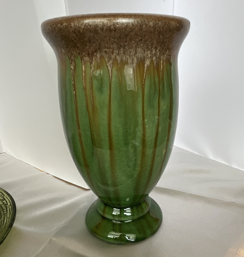 Emerald Green Brown Drip Glaze Vase Crackle Art Pottery Pedestal