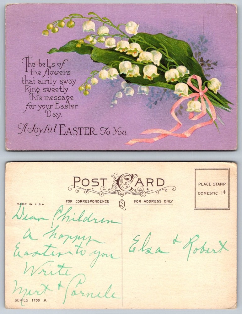 Vintage Easter Postcard Lily of the Valley Flowers Purple 1910s Unposted