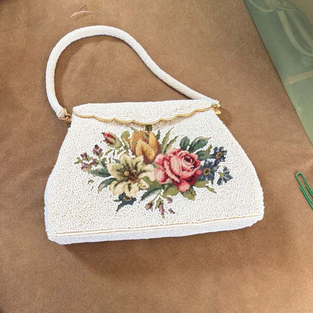 Beaded White Multicolor Needlepoint Floral Evening Bag Party Special Occasion