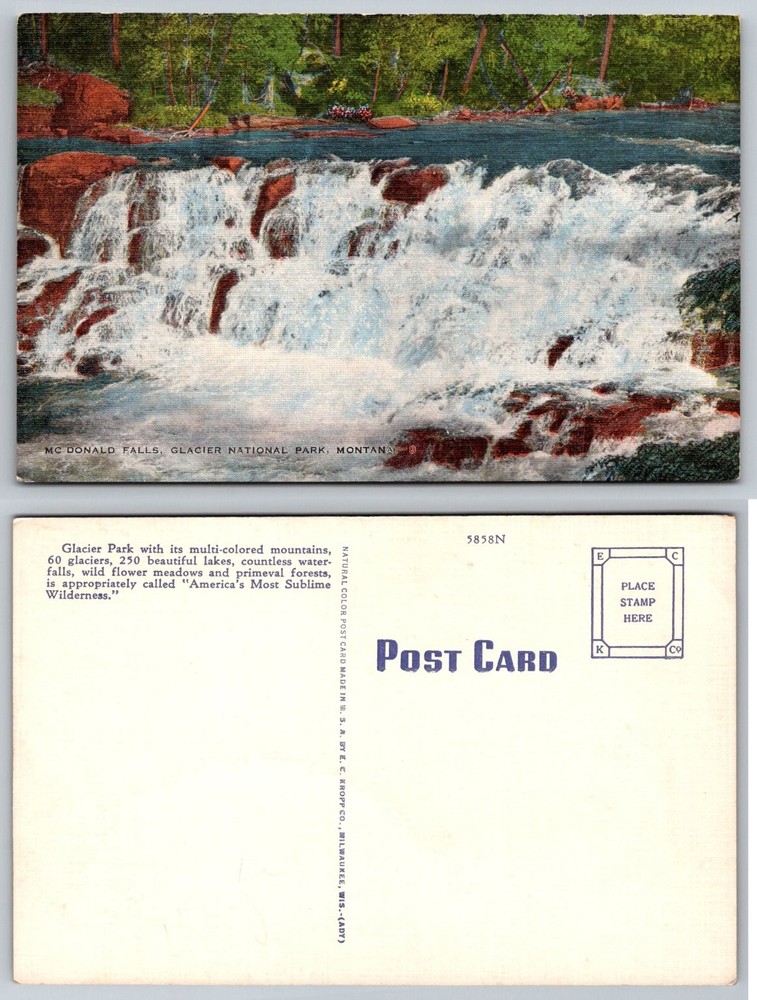 McDonald Falls Glacier National Park Montana Vintage Linen Postcard E.C. Kropp