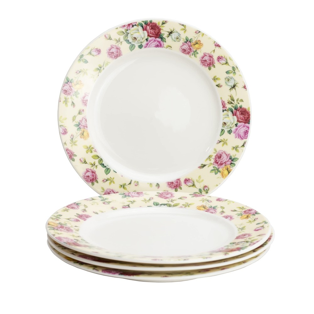 Cream Rose Chintz Set of 4 Dessert Salad Plates, 8-Inch, Pink Yellow