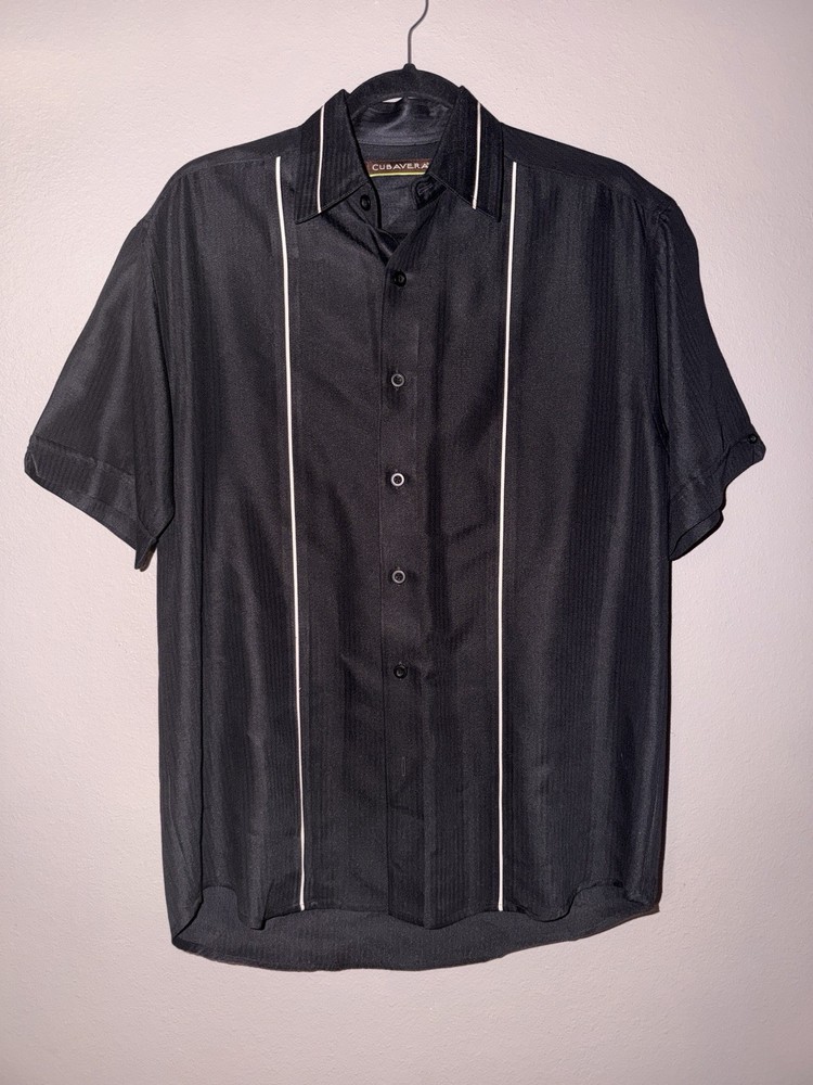 Cubavera Black Embroidered Stripe Button Front Camp Shirt Men's Small