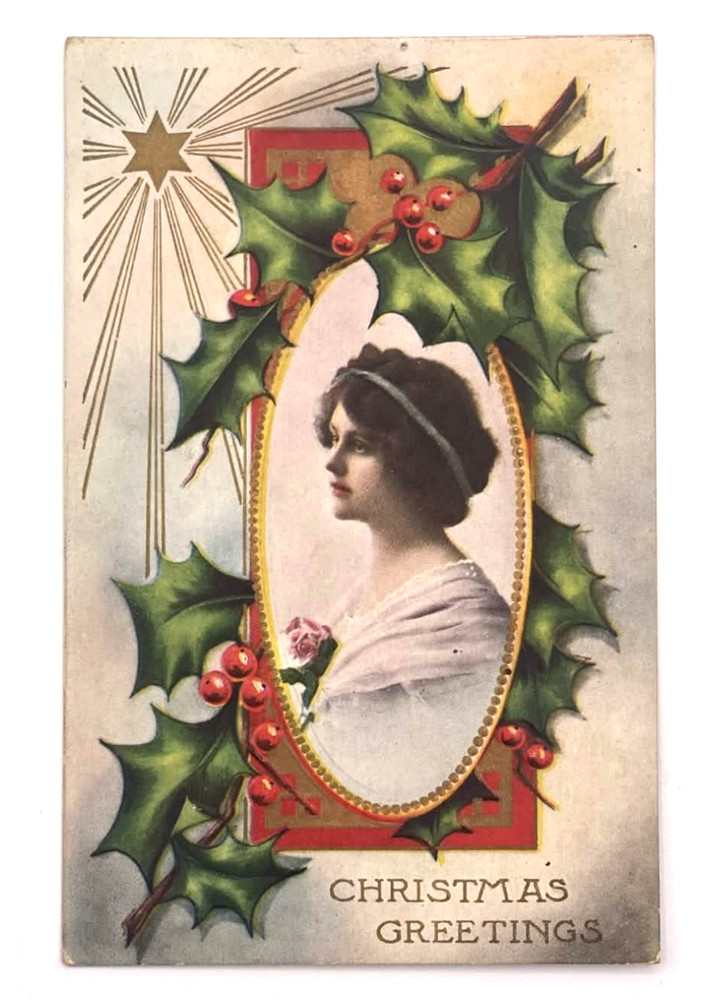Antique Christmas Greetings Woman Portrait Holly Star Embossed Postcard